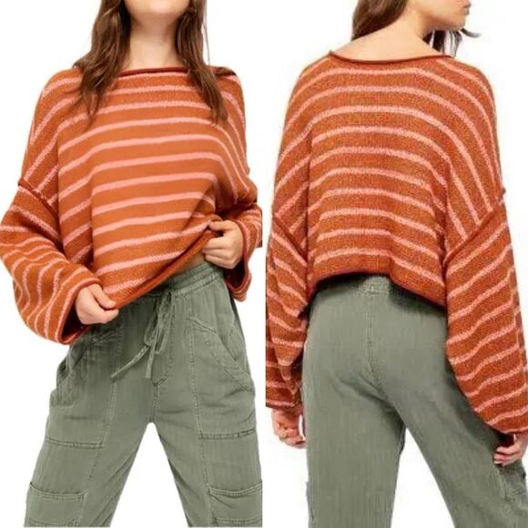 Free People Bardot Striped Oversized Sweater in Cedar Flower Size XXS - Picture 1 of 6